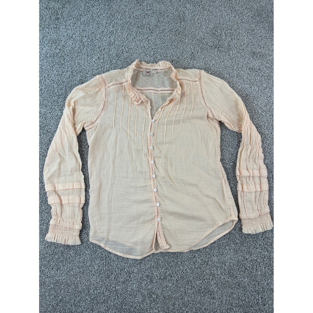 Faherty Organic Cotton Ruffle Blouse Sz S Peach Victorian Pintuck Lace Coquette - Picture 3 of 10